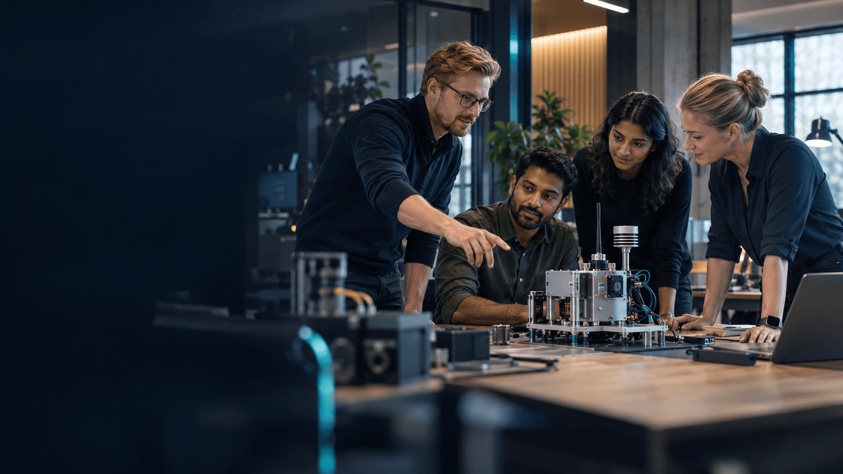 Engineering team collaborating on a connected product prototype